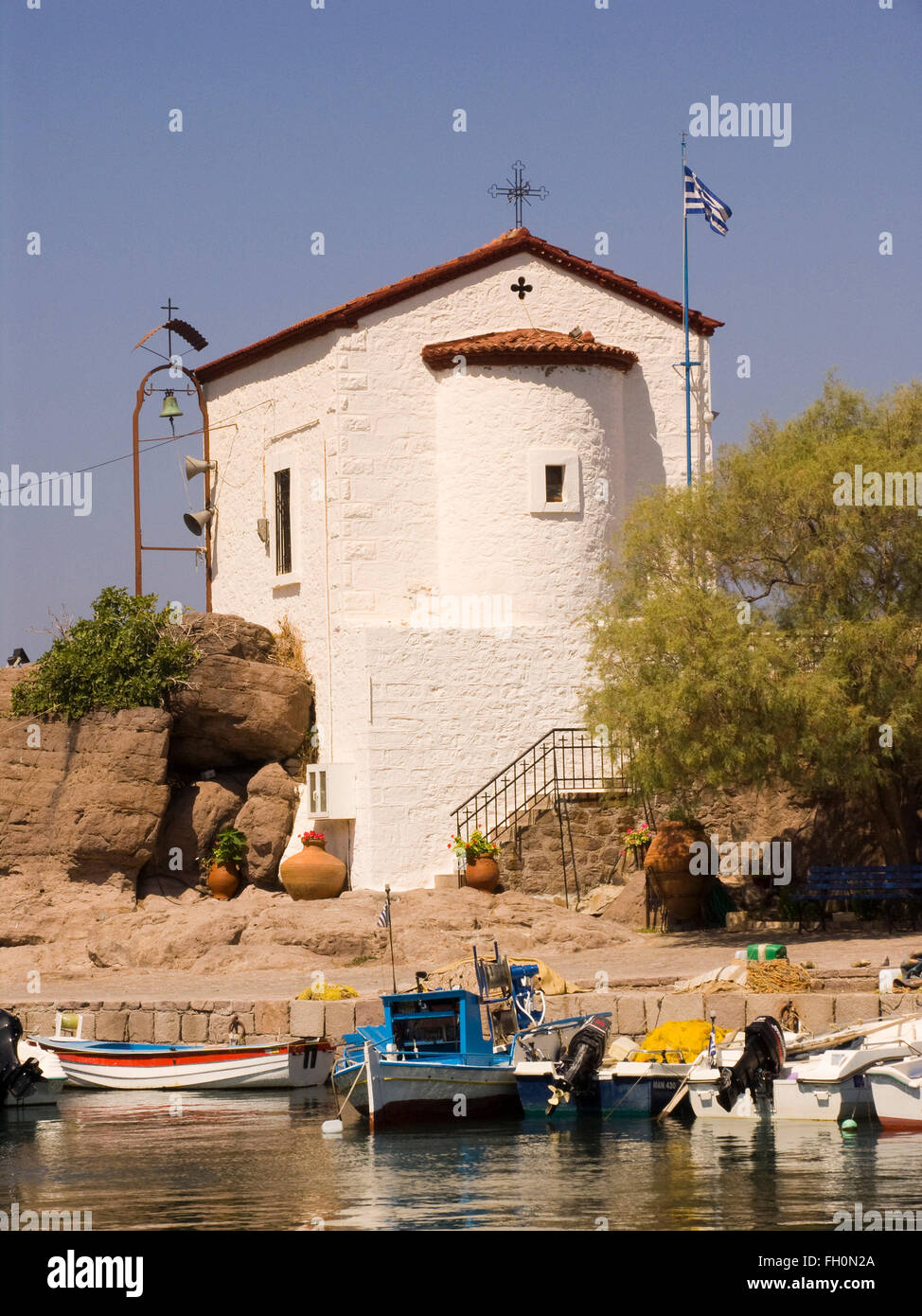 Église, sykamineas skala, l'île de Lesbos, au nord-ouest de la mer Égée, Grèce, Europe Banque D'Images