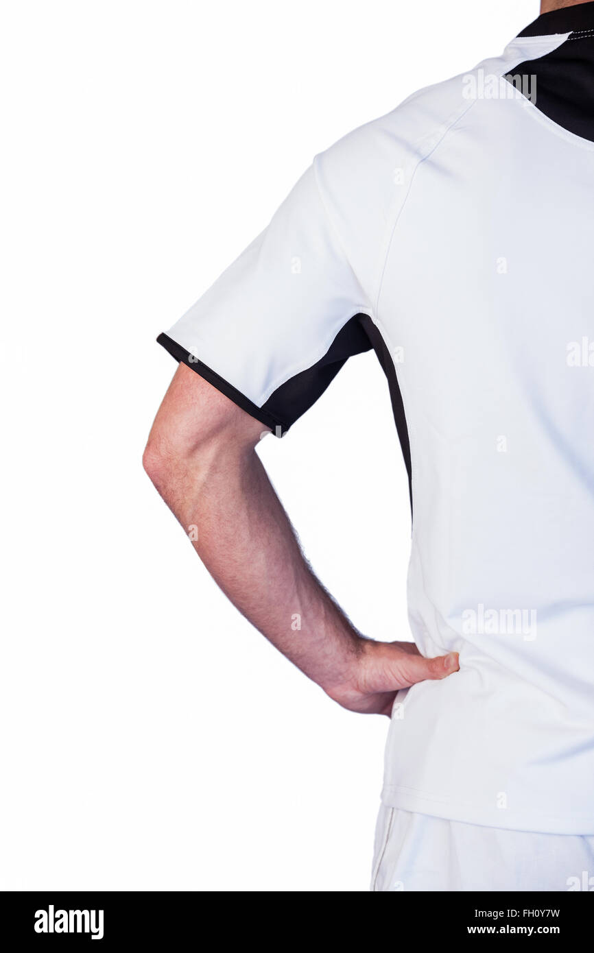 Vue arrière du joueur de rugby avec les mains de taille Banque D'Images