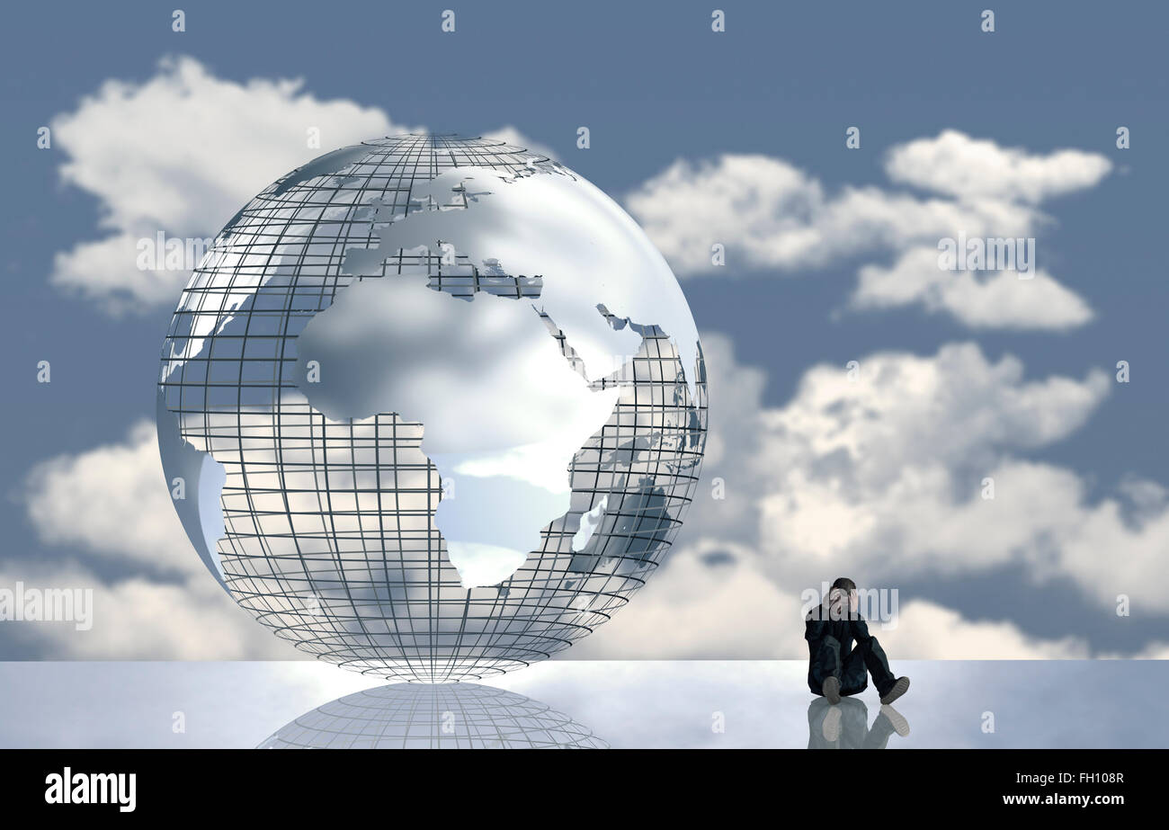 L'infographie, l'homme pensif en face de globe avec des nuages Banque D'Images