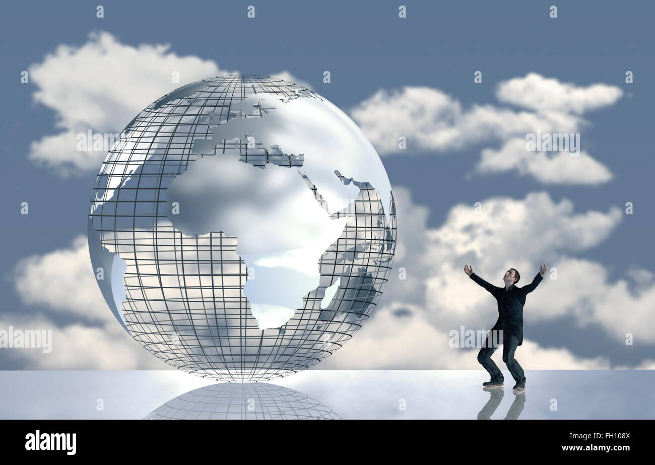 L'infographie, l'homme en face de globe avec des nuages, la joie Banque D'Images