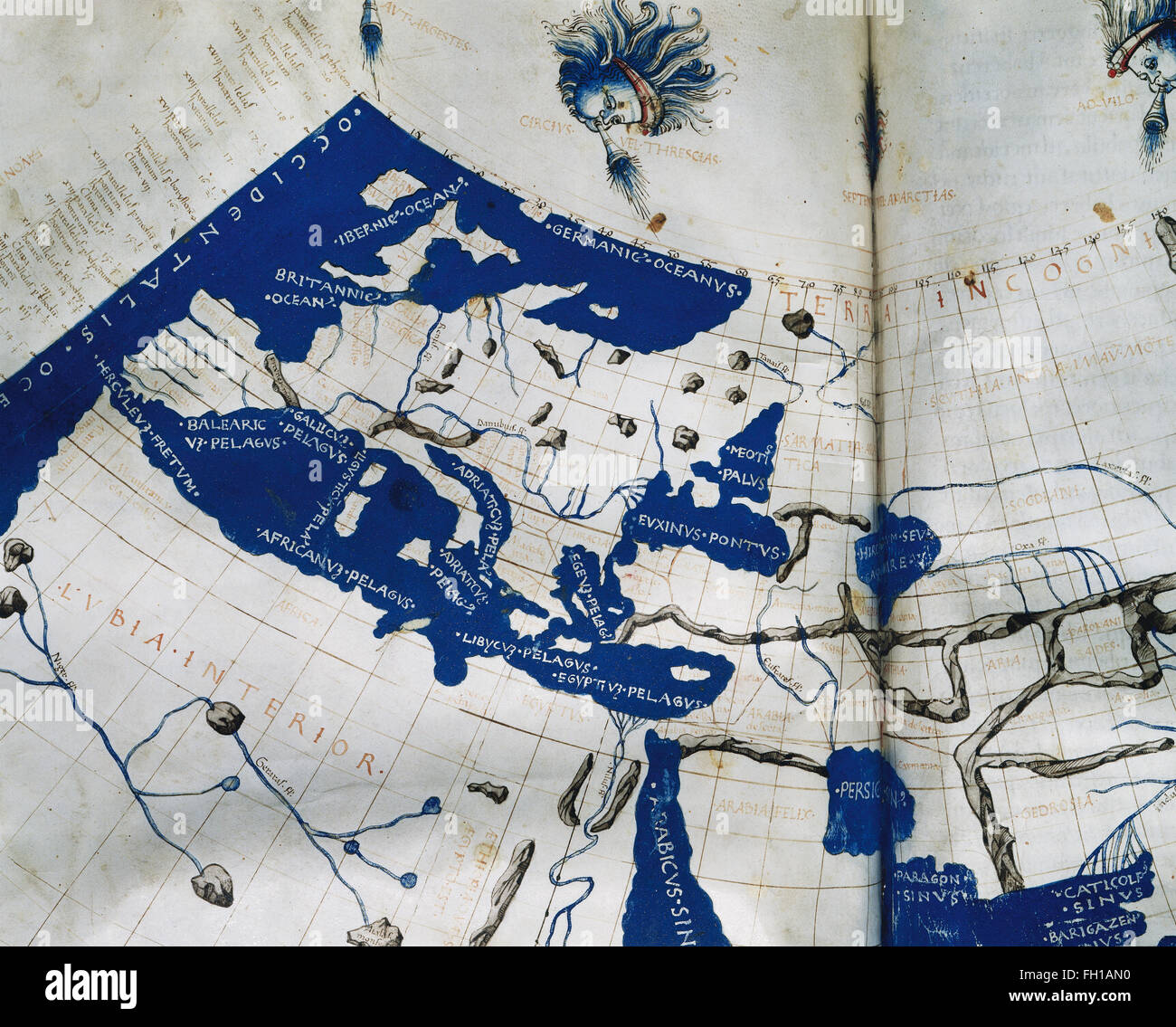 Copie manuscrite du Ptolémée (100-170 AD) carte du monde, reconstituée à partir de la Géographie de Ptolémée (c.150), indiquant les pays de 'erica' et 'Sinae" (Chine) à l'extrême-orient, au-delà de l'île de Taprobane" (Sri Lanka, trop grands) et le 'Aurea Chersonesus' (péninsule malaise). 15e siècle. Banque D'Images