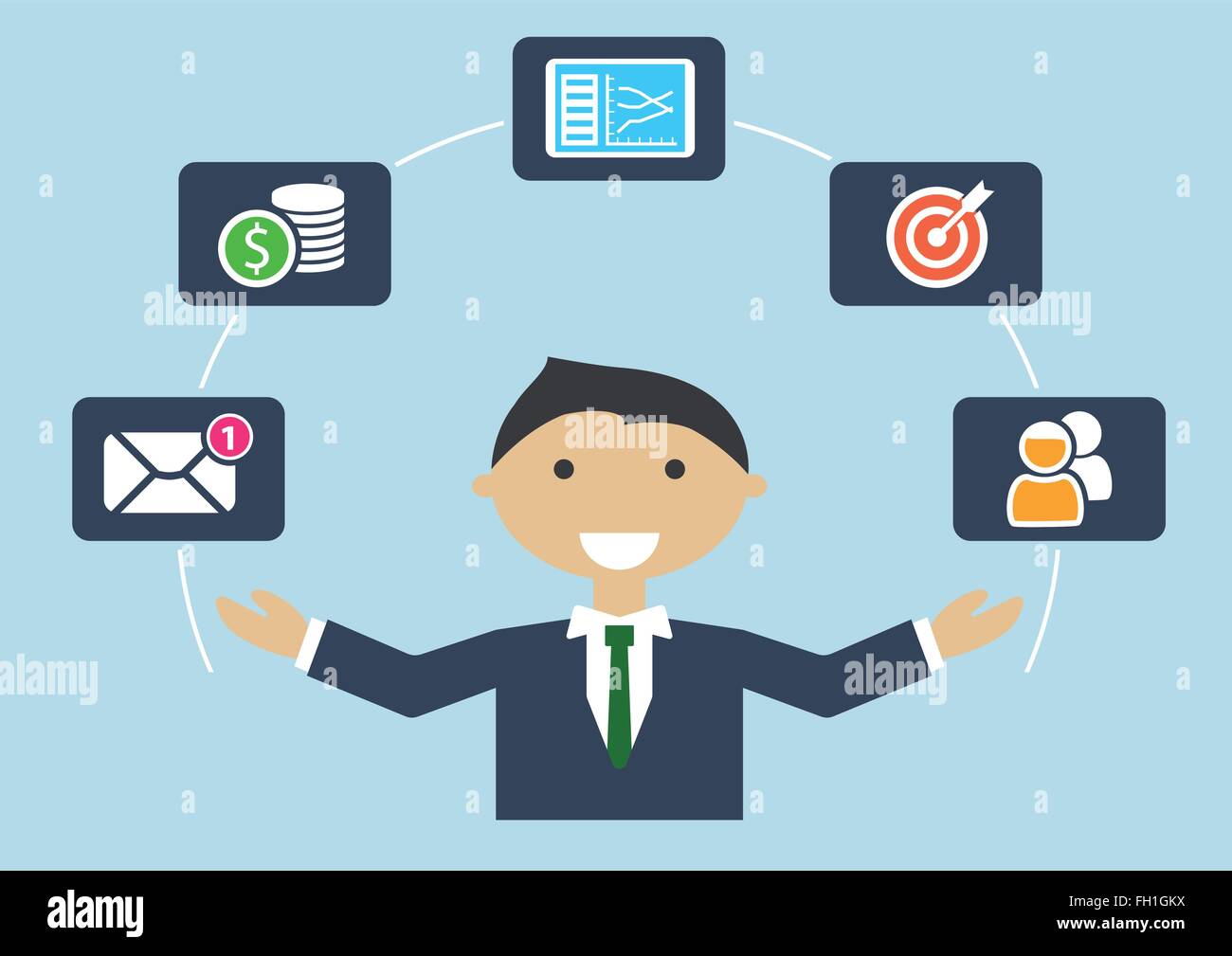 Nos gens au travail : personne diverses activités multitâches visualisée par personnage jonglant avec des articles comme cible, budget, e-mail Illustration de Vecteur