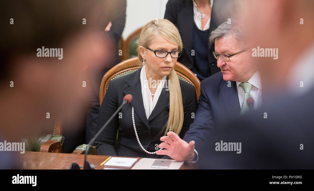 Kiev, Ukraine. Feb 23, 2016. Homme politique ukrainien et chef du groupe parlementaire Ioulia Timochenko (C-L) à Kiev, Ukraine, 23 février 2016. Photo : KAY NIETFELD/dpa/Alamy Live News Banque D'Images