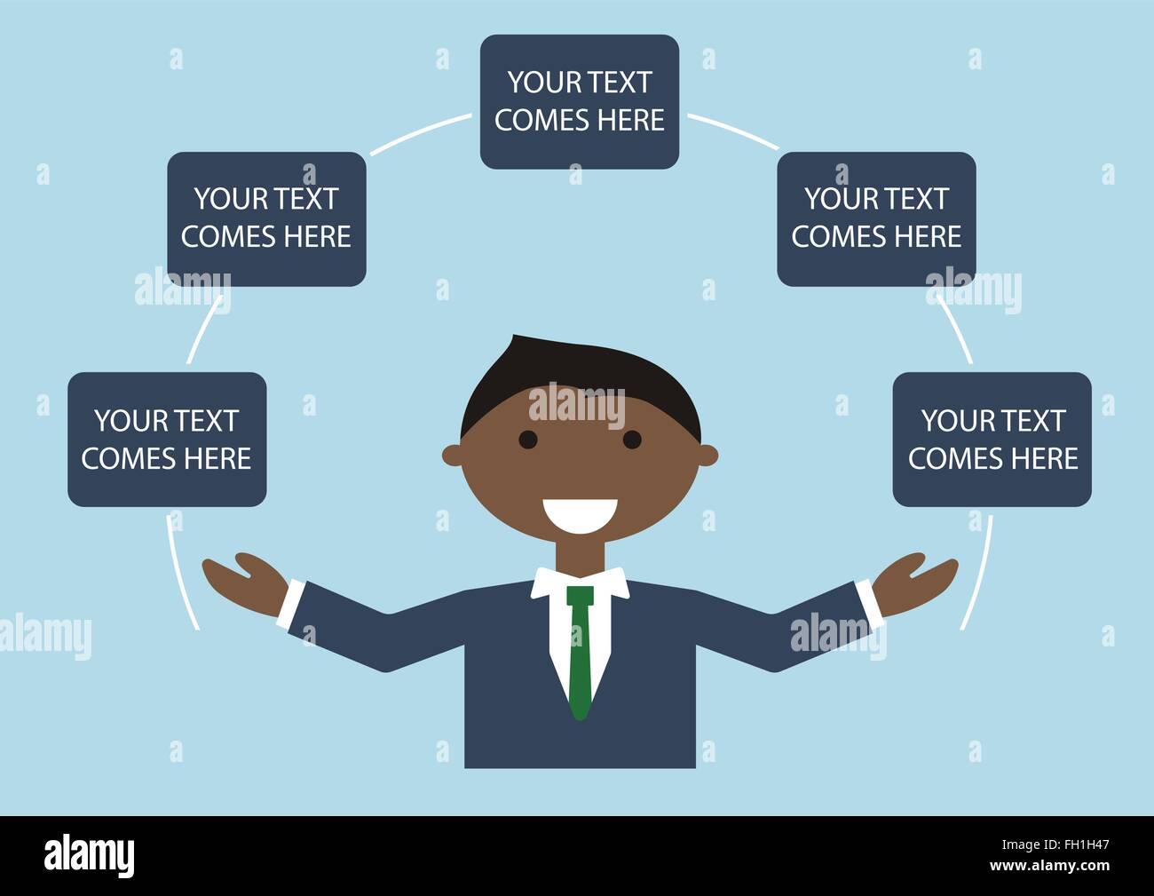 Vector illustration of dark skin business man en suite les bras. Infographic template avec texte Illustration de Vecteur