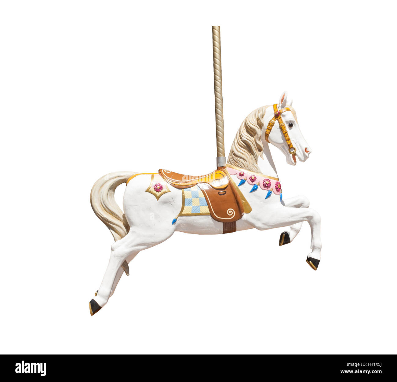 Vieux cheval de manège en bois isolé sur fond blanc Banque D'Images