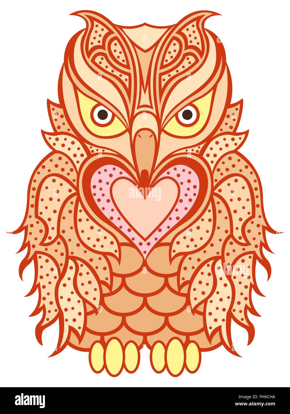 Big orange amusante hibou avec long bec et coeur isolé sur le fond blanc, cartoon illustration vectorielle Illustration de Vecteur