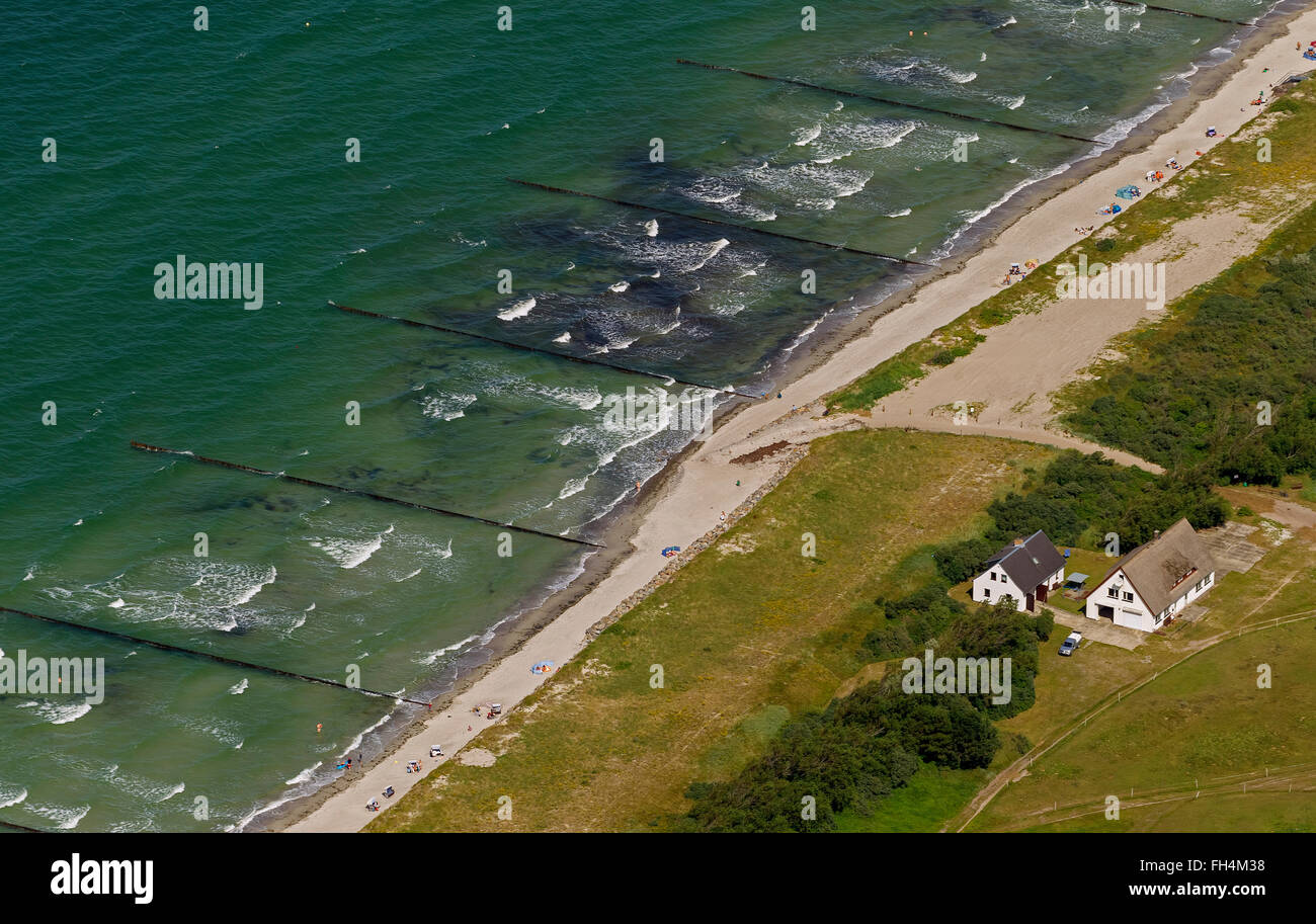 Vue aérienne, l'île de Hiddensee, épis, maison solitaire, île baltique, Mecklenburg-Vorpommern, Allemagne, Europe, vue aérienne, les oiseaux Banque D'Images