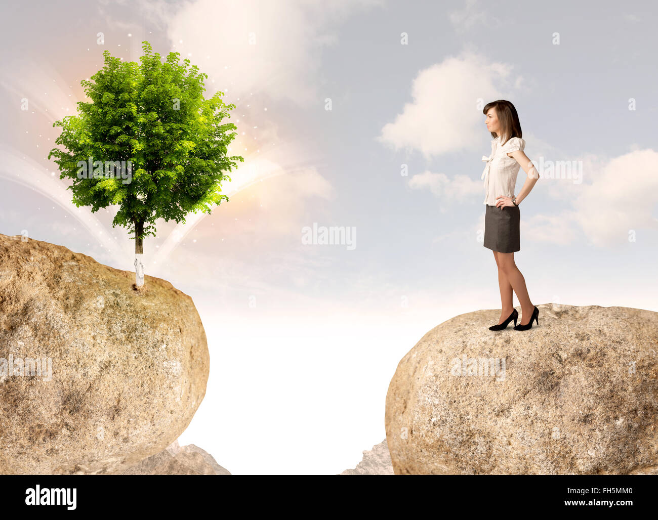 Businesswoman on rock mountain avec un arbre Banque D'Images