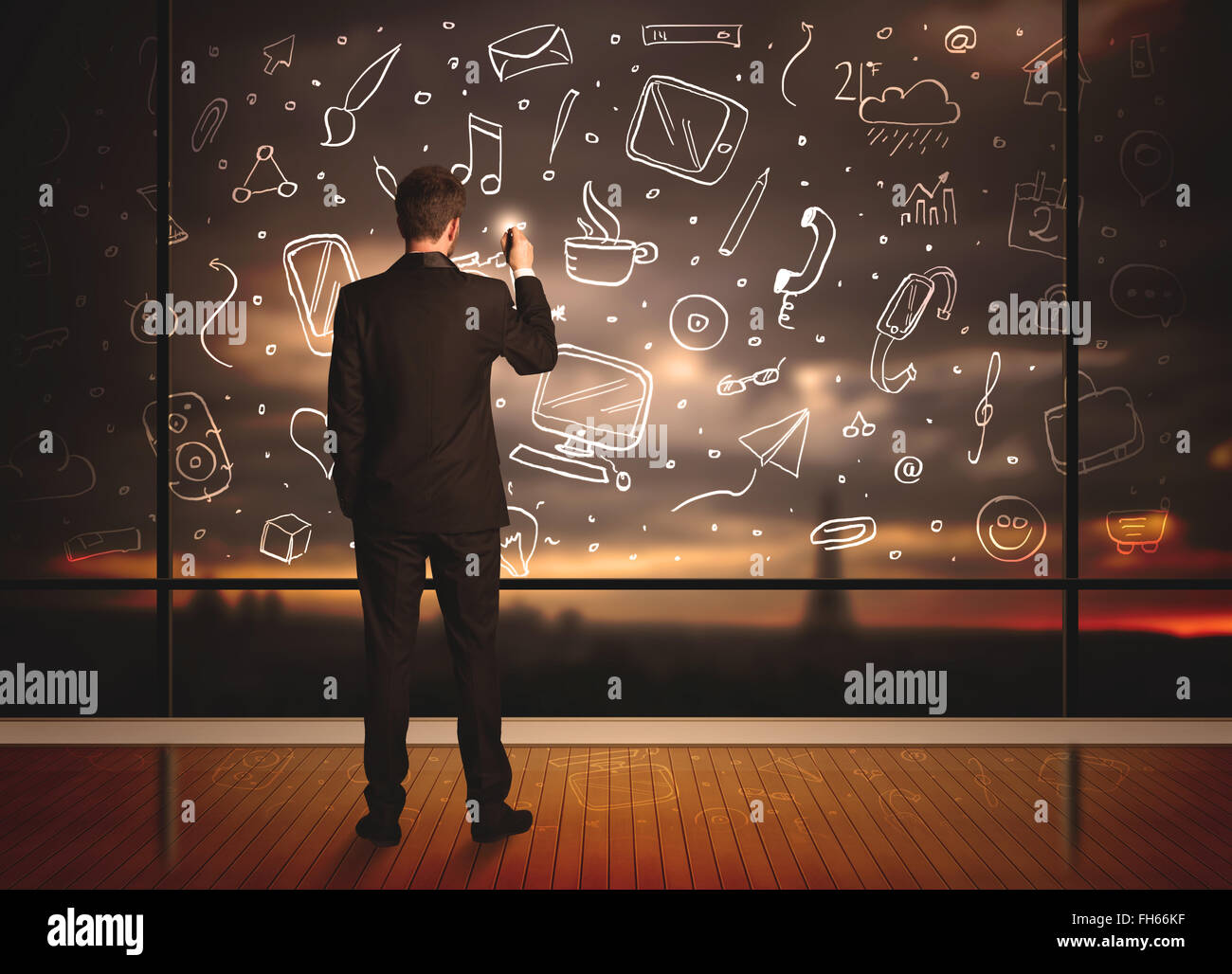 Dimensions businessman with social media icon background Banque D'Images