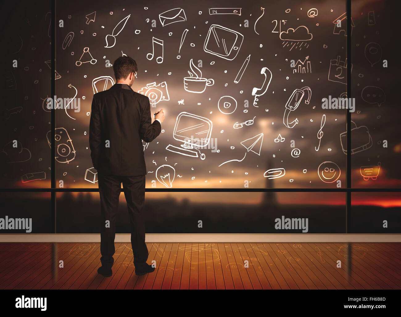 Dimensions businessman with social media icon background Banque D'Images