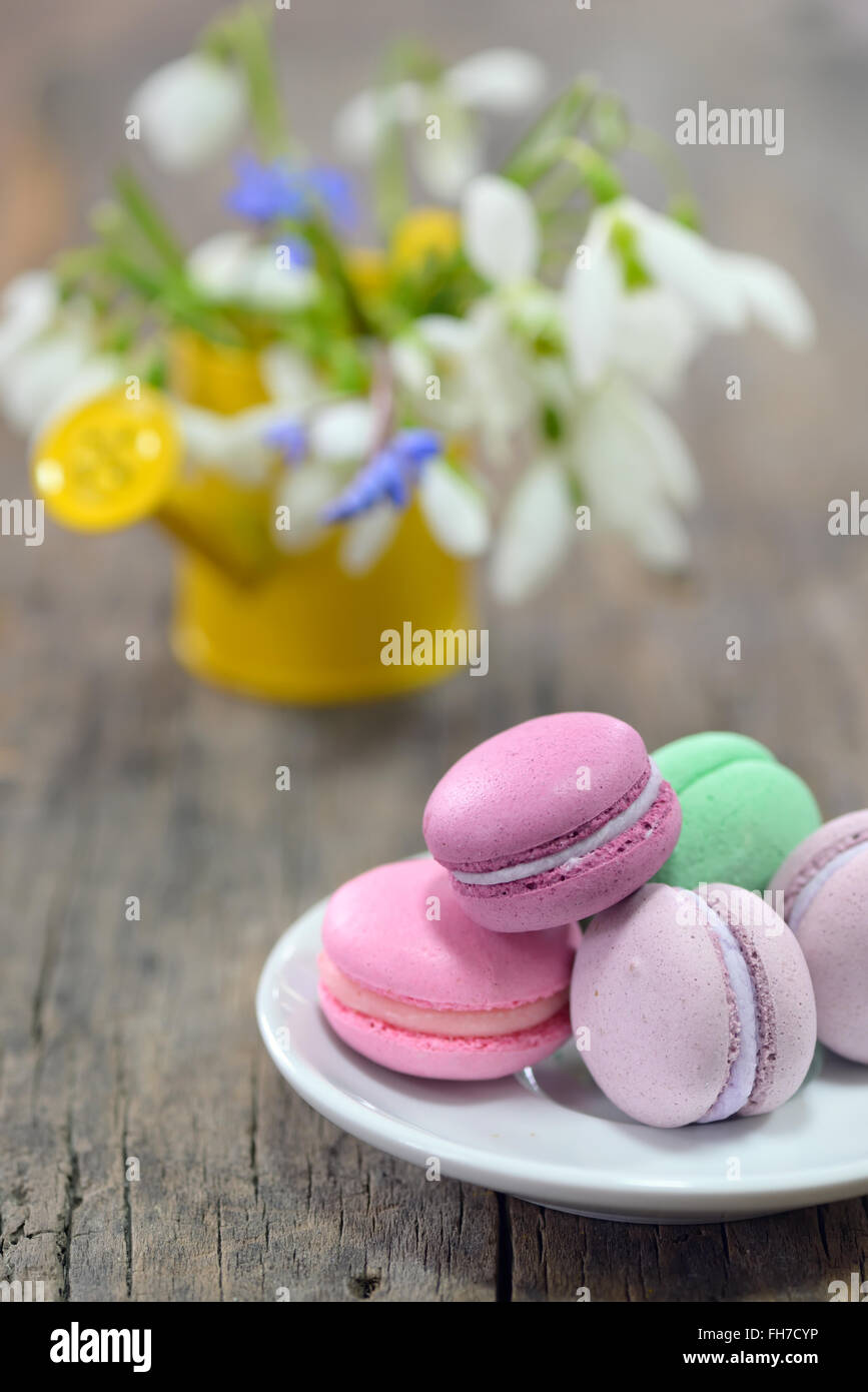 Macarons Français colorés et de fleurs printanières sur fond de bois Banque D'Images