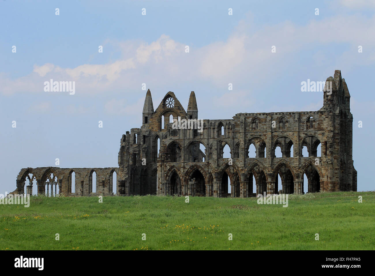 Vue panoramique de l'abbaye de Whitby dans le Yorkshire du Nord, Angleterre. Banque D'Images