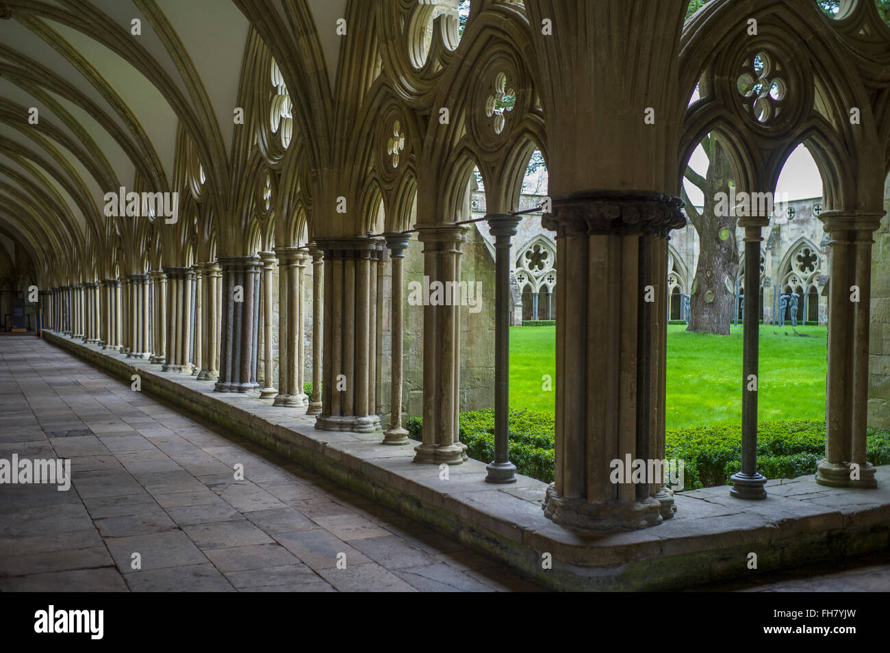 La cathédrale de Salisbury, Wiltshire, Angleterre, Royaume-Uni. Feb 2016 La cathédrale de Salisbury, connu officiellement sous le nom de l'église cathédrale de la Bienheureuse Vierge Marie, est une cathédrale anglicane à Salisbury, en Angleterre, et un des principaux exemples de début de l'architecture anglaise.[1] Le corps principal de la cathédrale a été effectuée en seulement 38 ans, de 1220 à 1258. La cathédrale est le plus haut clocher d'église au Royaume-Uni (123m/404 ft). Les visiteurs peuvent prendre la 'Tour d'' où l'intérieur de la spire creuse, avec ses bois ancien échafaudage, peuvent être consultés. La cathédrale a également le plus grand cloître et les grandes Banque D'Images