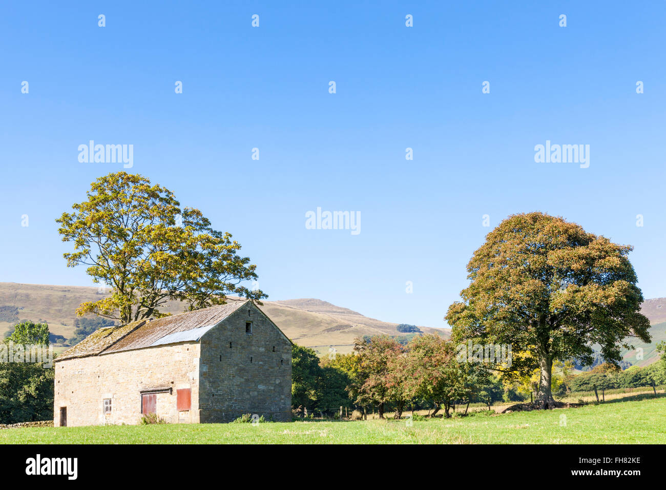 Ancienne grange en pierre et d'arbres dans les champs pendant l'automne, Vale de Edale, Derbyshire, parc national de Peak District, England, UK Banque D'Images