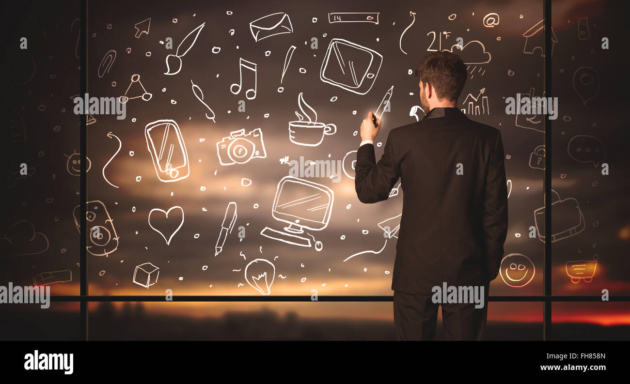 Dimensions businessman with social media icon background Banque D'Images