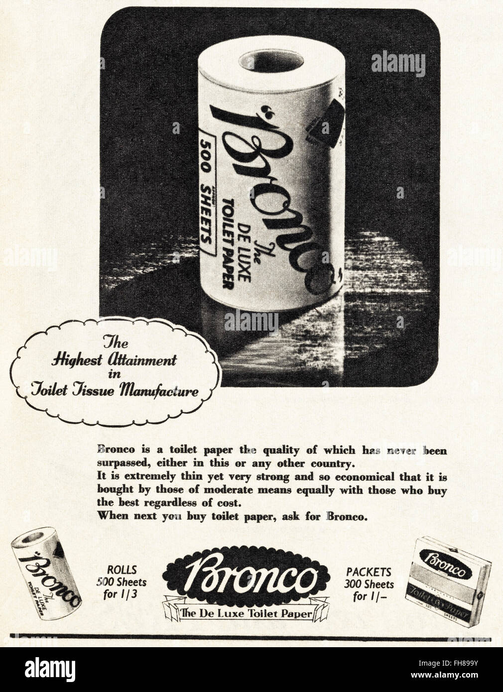 Vintage Original advert à partir de 1950. Publicité La publicité 1956 du  Bronco du papier toilette Photo Stock - Alamy