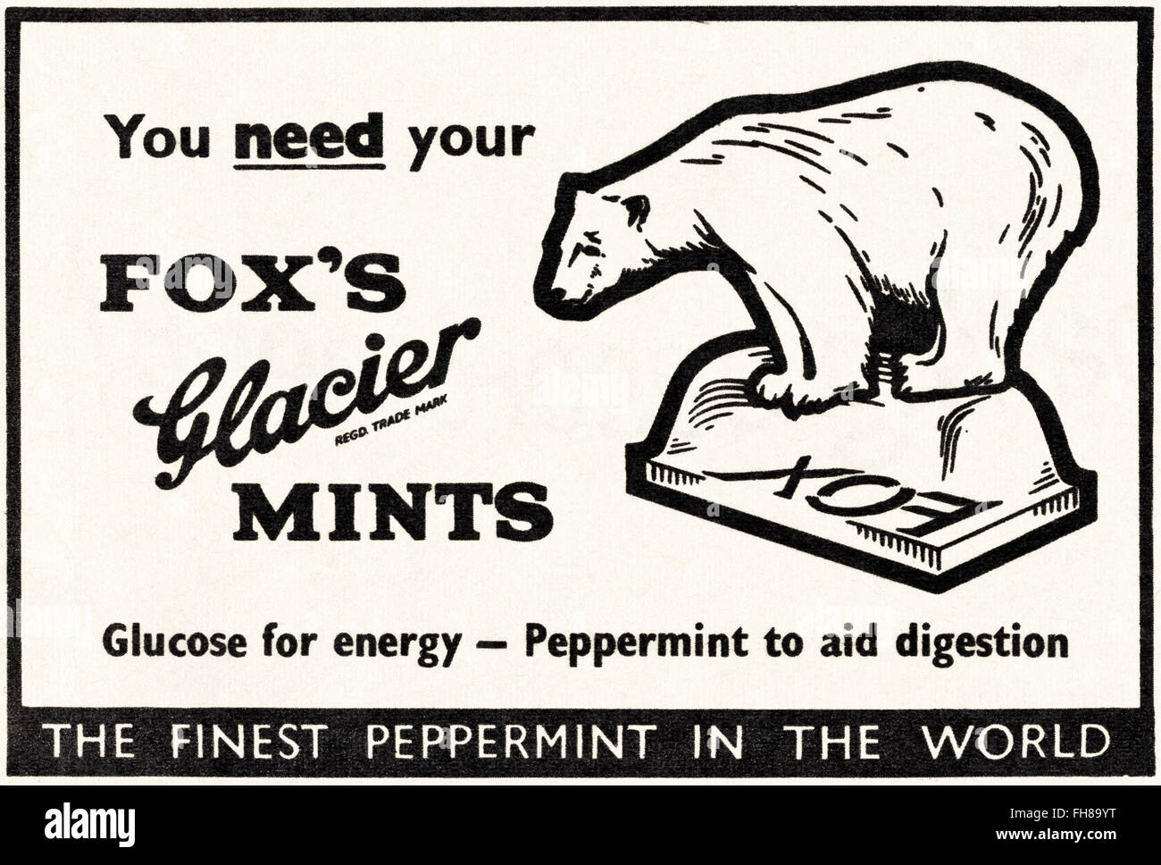 Vintage Original advert à partir de 1950. Publicité Publicité 1956 datée du Glacier Fox à la menthe. Banque D'Images