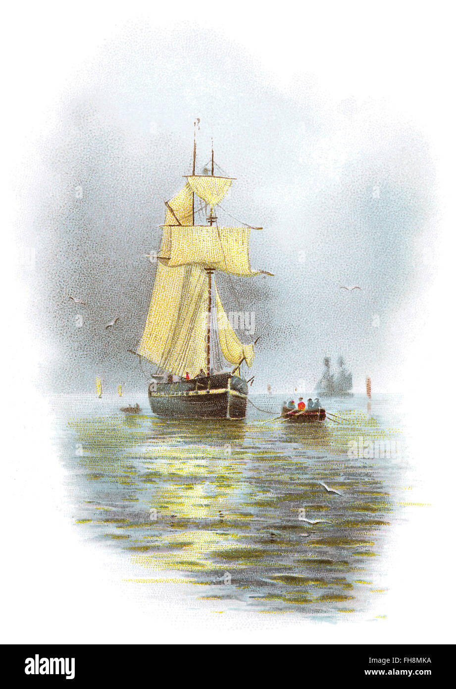 Illustration d'une marine avec voiliers et petits bateaux. Banque D'Images