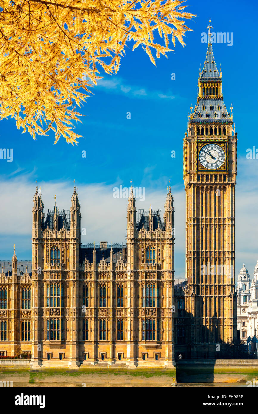 Le Big Ben, la Chambre du Parlement et le pont de Westminster, Londres, Royaume-Uni. Banque D'Images