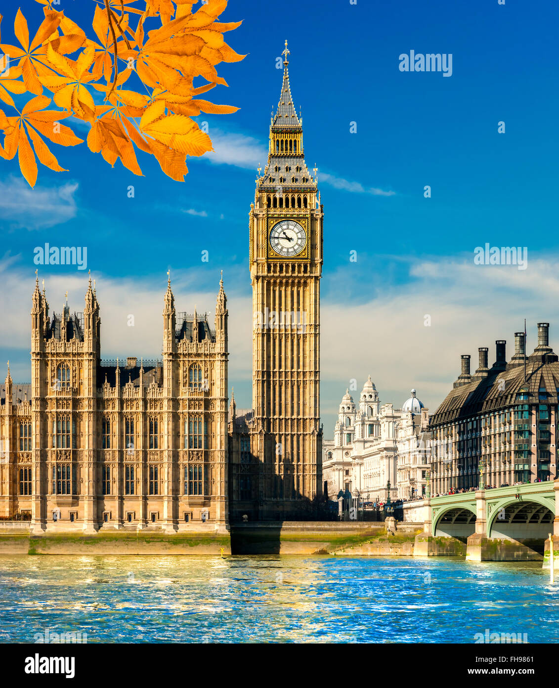 Le Big Ben, la Chambre du Parlement et le pont de Westminster, Londres, Royaume-Uni. Banque D'Images