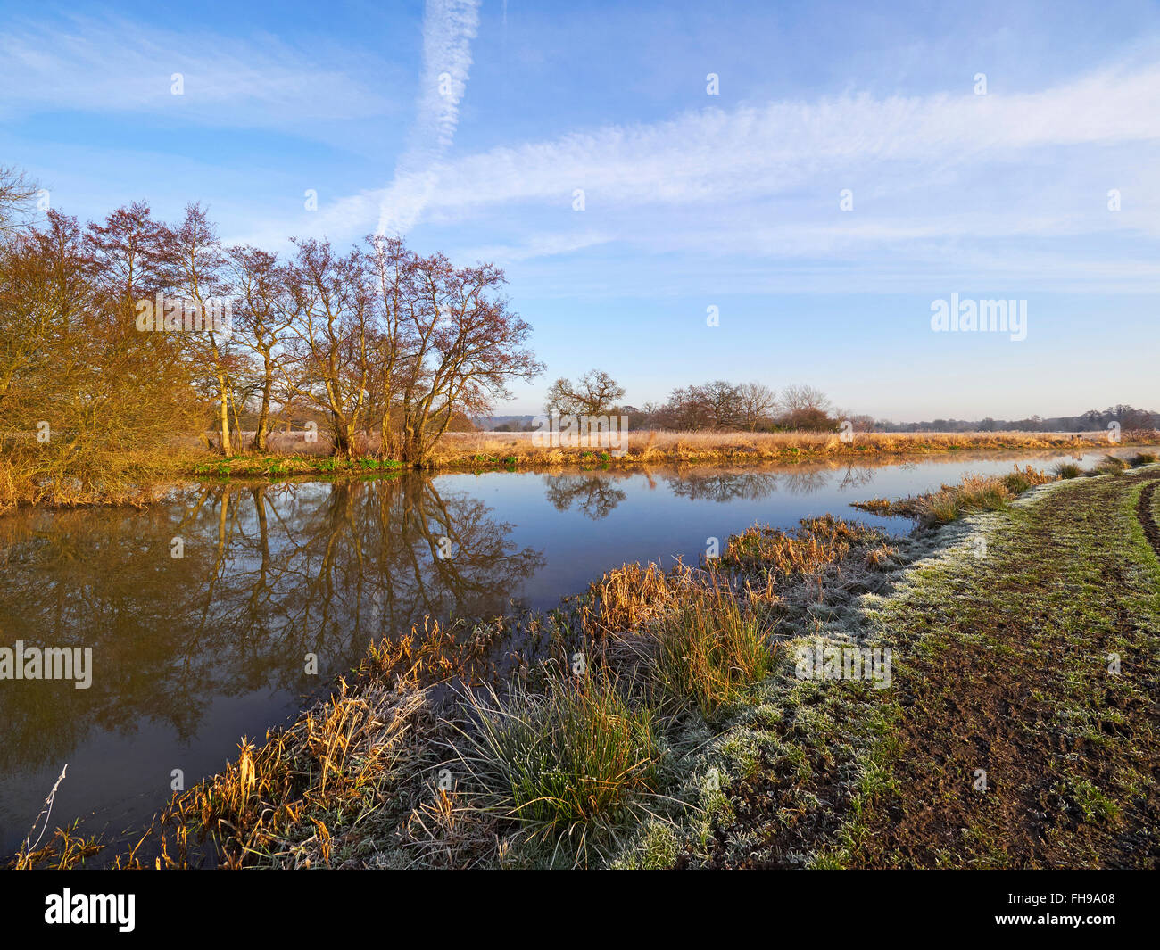 River Wey près de Ripley Surrey sur un clair matin encore des hivers glacial Banque D'Images