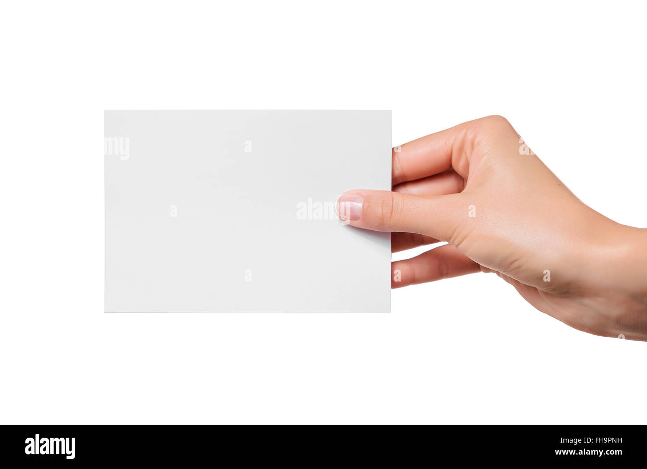 L'adolescence féminine hand holding blank carte de visite, isolated on white Banque D'Images