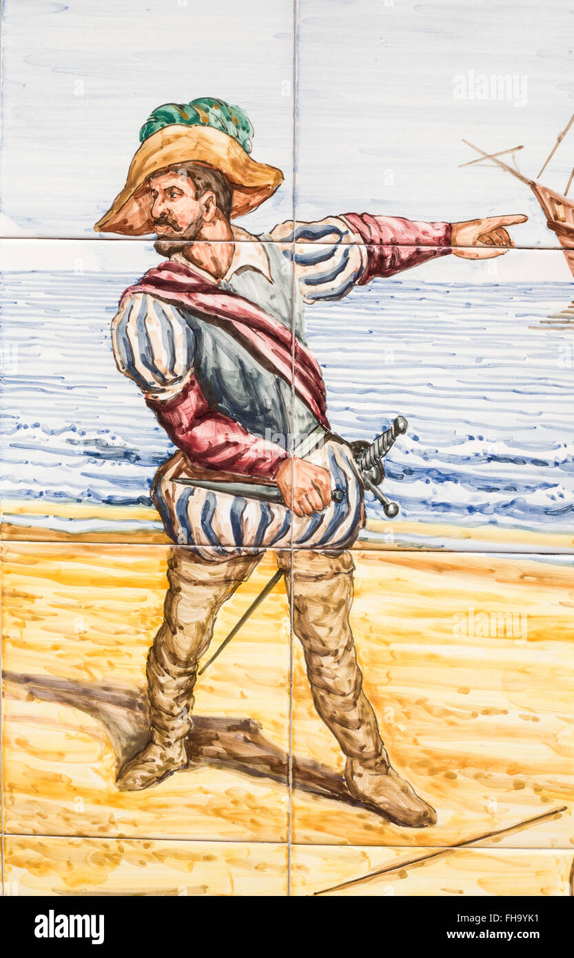 BADAJOZ, ESPAGNE, LE 16 AVRIL 2015 : Francisco Pizarro sur l'Île del Gallo, tracer une ligne dans le sable pour le fameux treize Banque D'Images