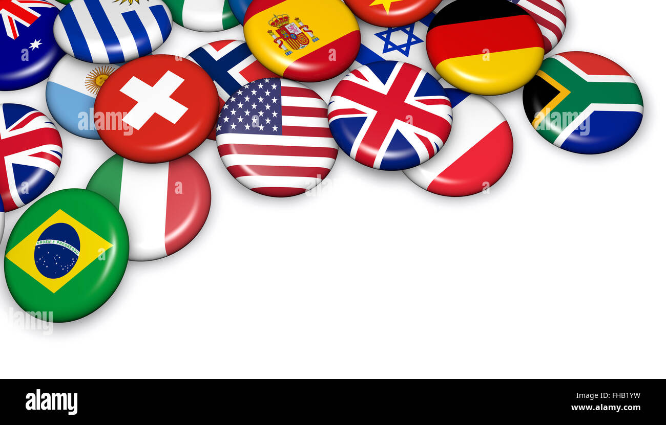 Drapeaux du monde international sur des badges boutons 3d illustration sur fond blanc avec copyspace. Banque D'Images