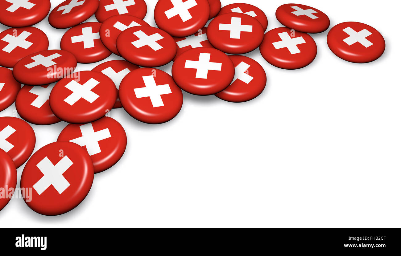 Drapeau suisse sur les badges et l'image d'arrière-plan blanc pour les événements de la journée nationale suisse, maison de vacances et de fête avec copyspace. Banque D'Images