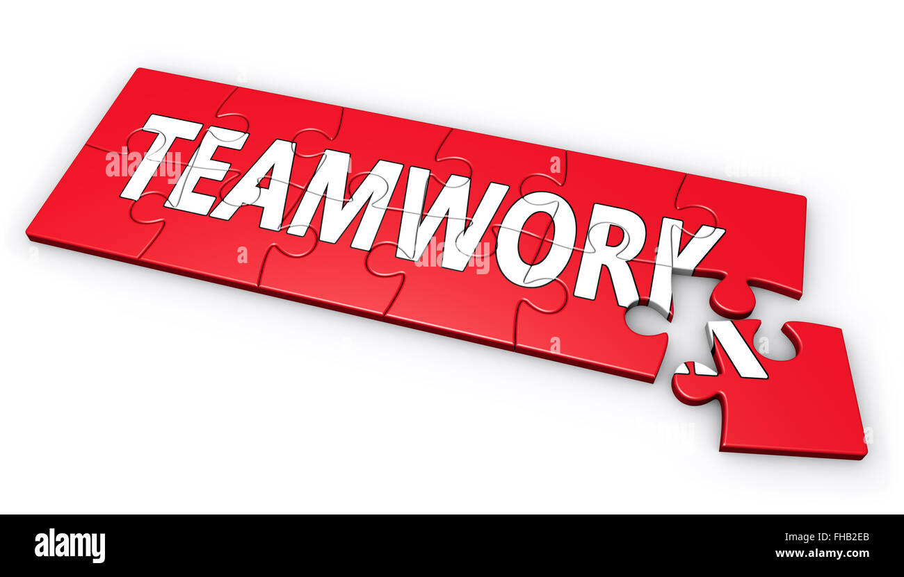 Le travail d'équipe, la collaboration d'affaires et de partenariat avec le concept d'équipe mot sur une illustration puzzle rouge sur fond blanc. Banque D'Images