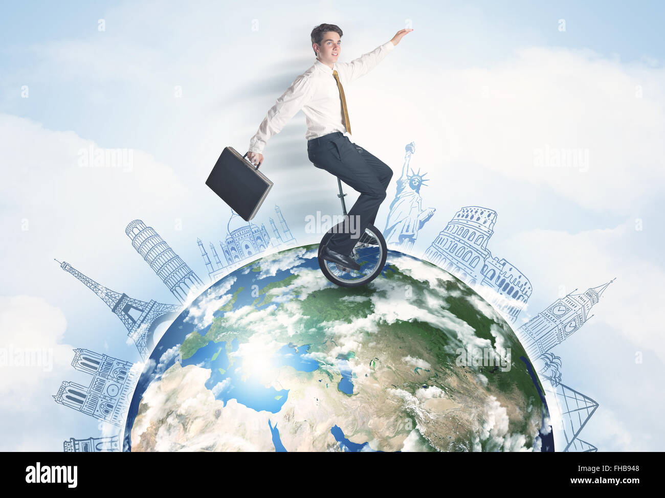 Man riding unicycle autour du monde avec des grandes villes Banque D'Images