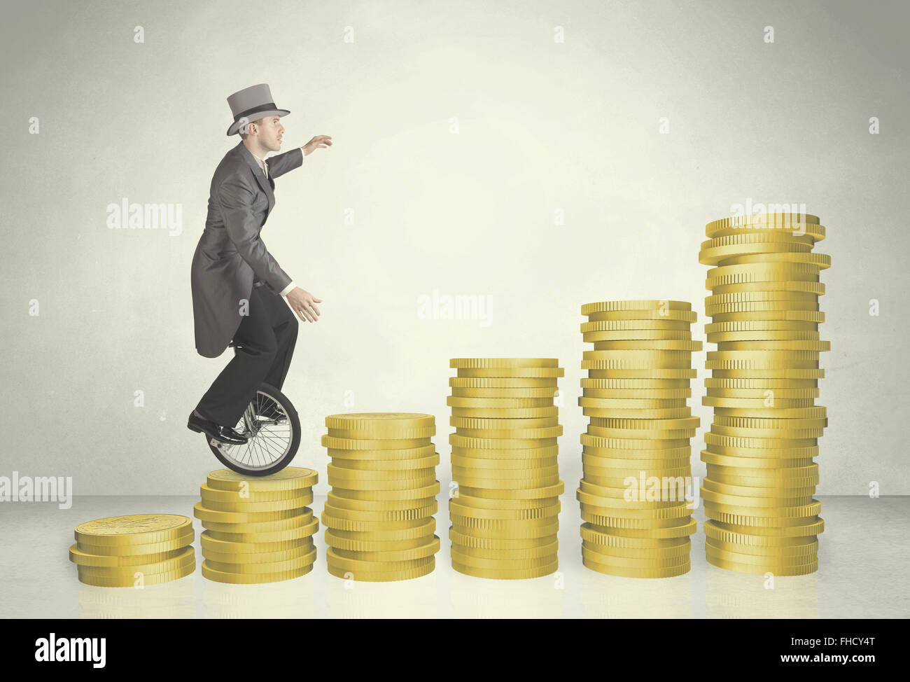 Business man riding monocycle sur coin graphique Banque D'Images