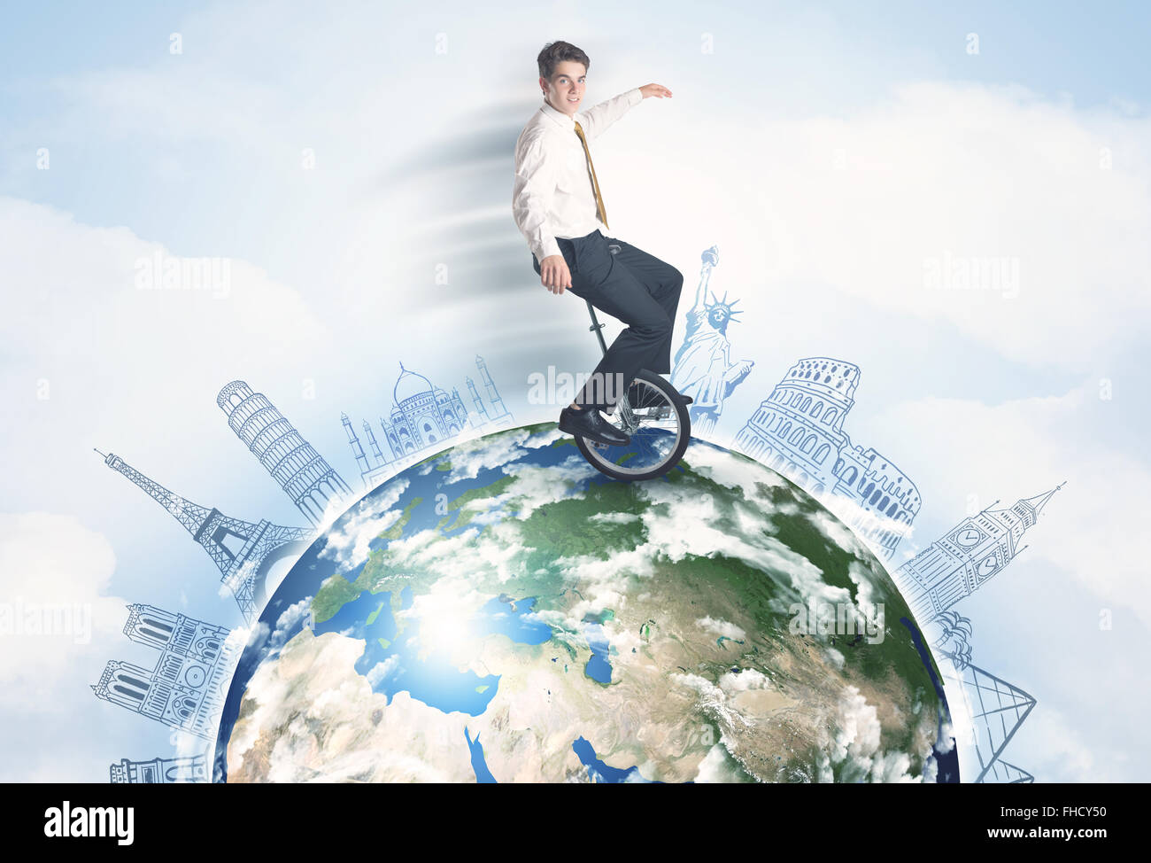 Man riding unicycle autour du monde avec des grandes villes Banque D'Images