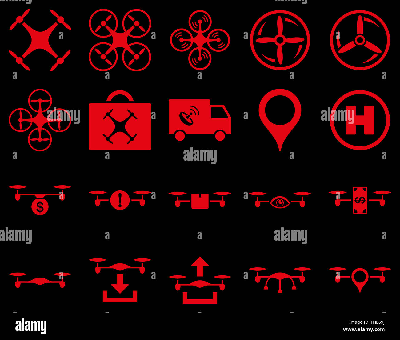 Drone quadcopter Air et icônes d'outils Banque D'Images