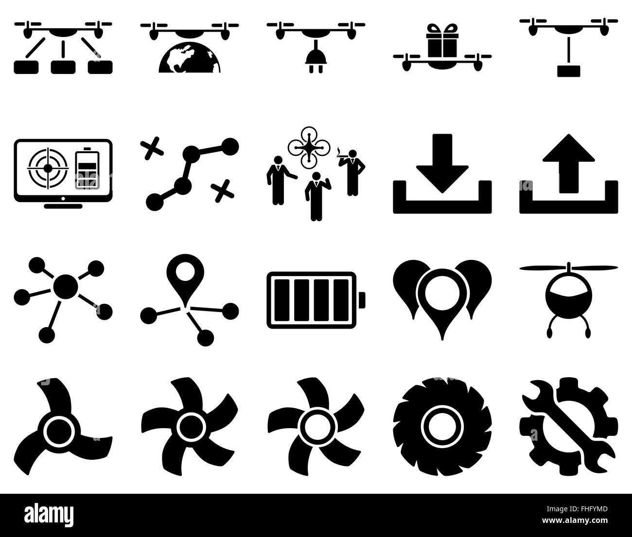 Drone quadcopter Air et icônes d'outils Banque D'Images