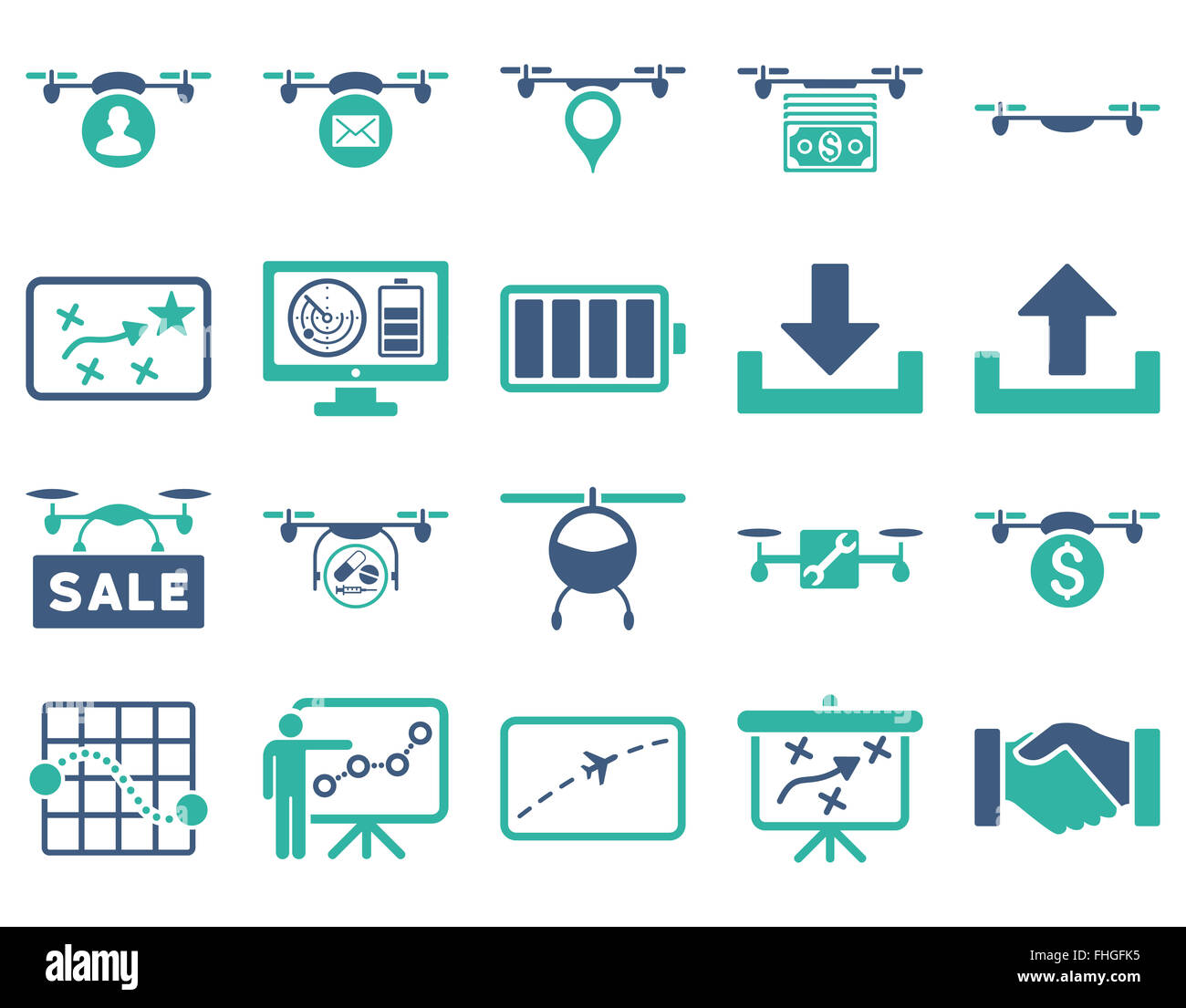 Drone quadcopter Air et icônes d'outils Banque D'Images