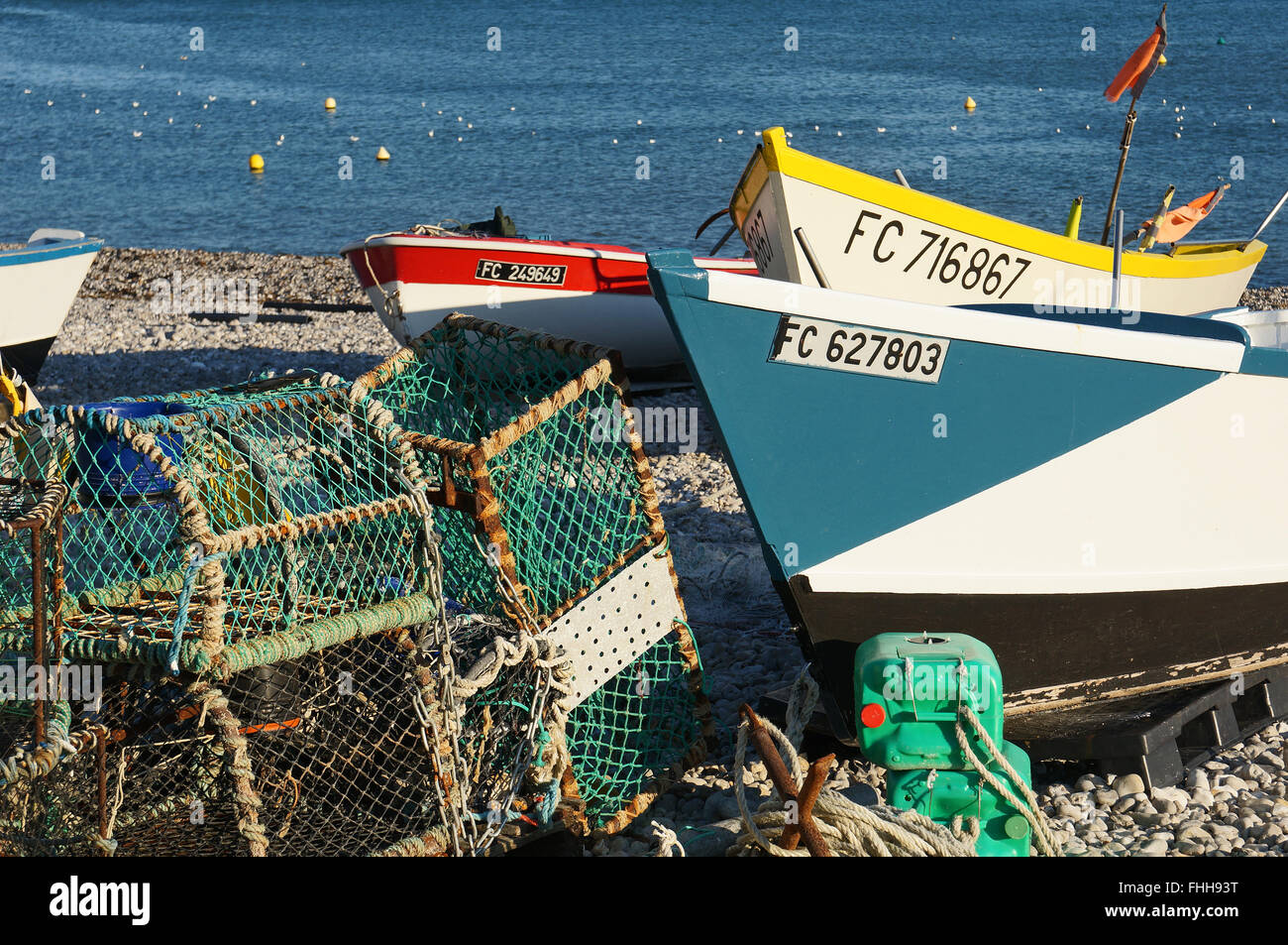 L'équipement du pêcheur sur la plage d'Yport, Normandie, France Banque D'Images