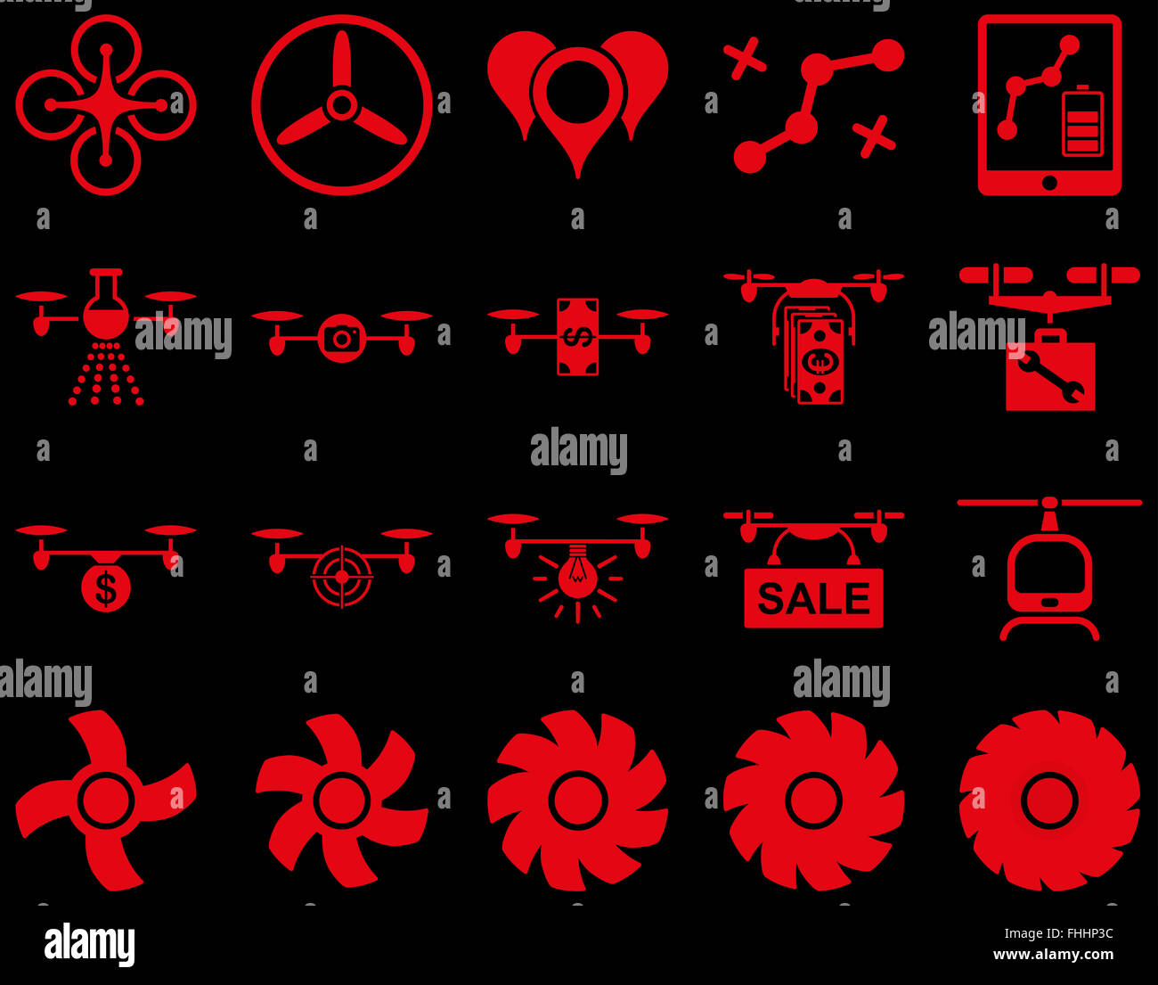 Drone quadcopter Air et icônes d'outils Banque D'Images