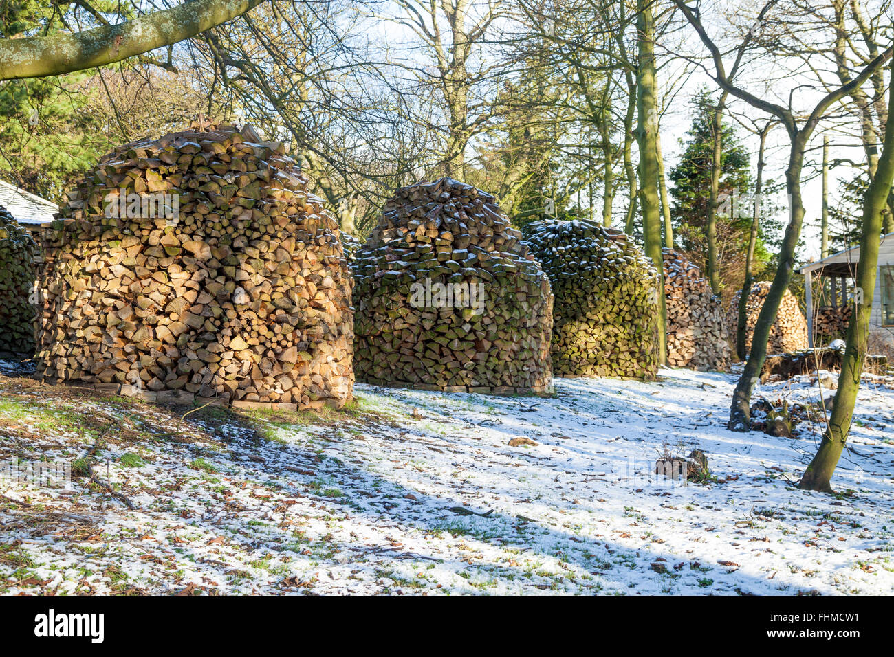 Holz Hausen piles de bois dans un jardin de Fife en Écosse. Banque D'Images