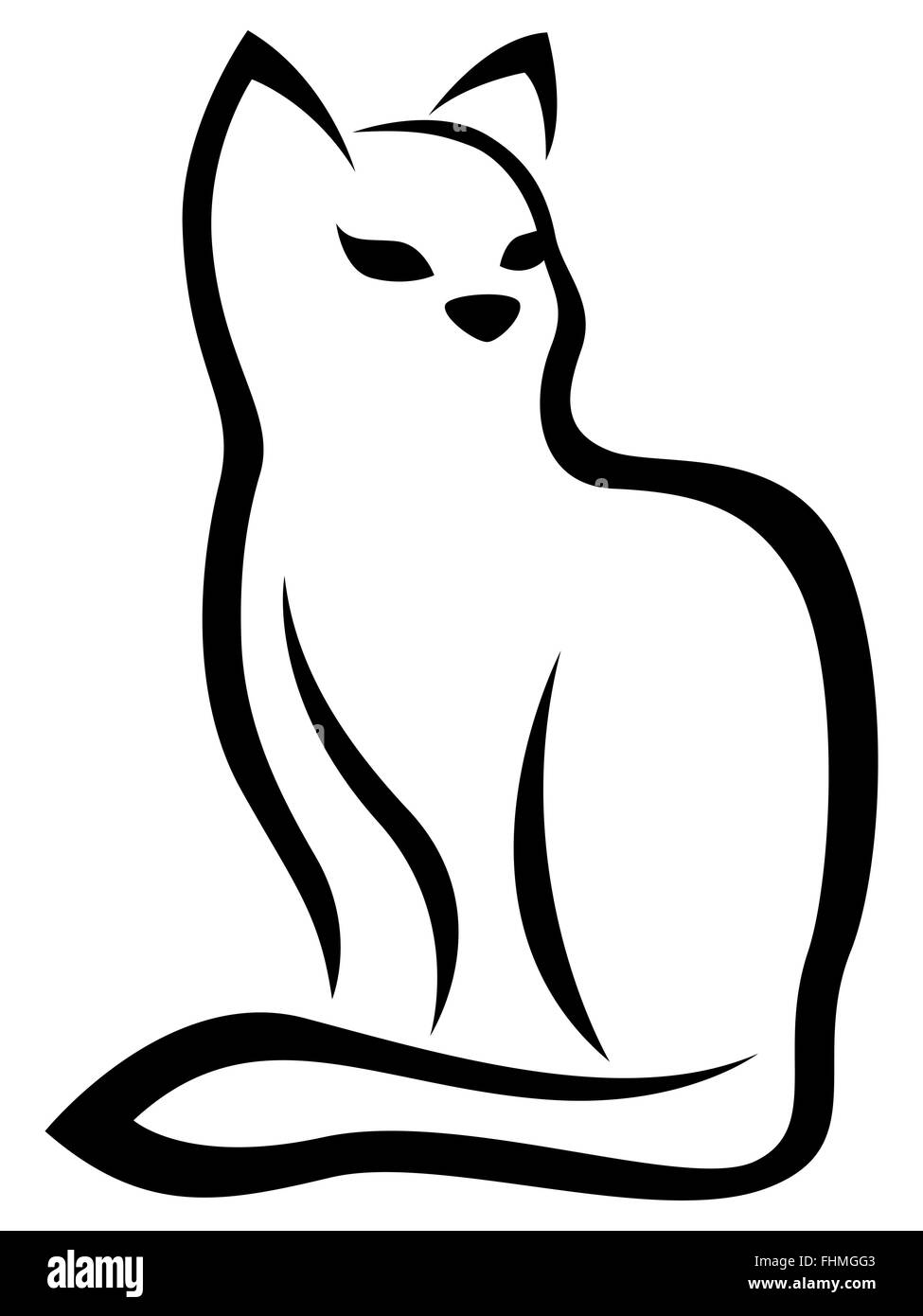 Chat noir assis stylisé isolé sur le fond blanc, cartoon vector illustration Illustration de Vecteur