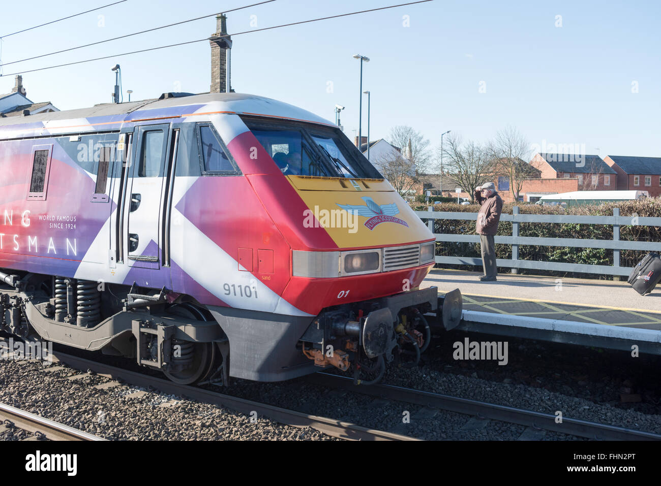 Classe 91 vierge moderne Flying Scotsman à Newark-On-Trent Station Northgate,UK. Banque D'Images