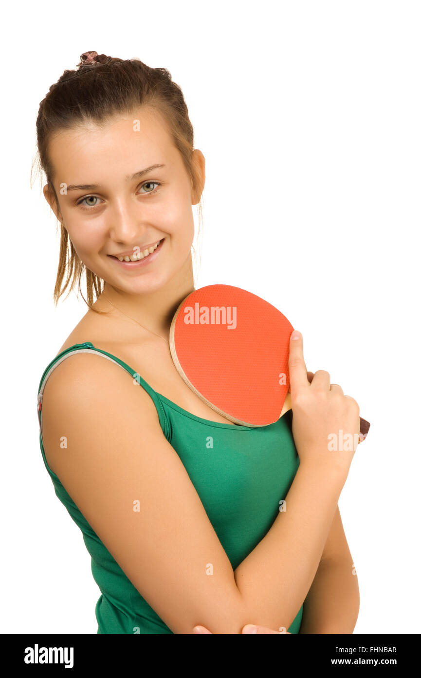 Jeune fille avec une raquette de ping-pong, Banque D'Images