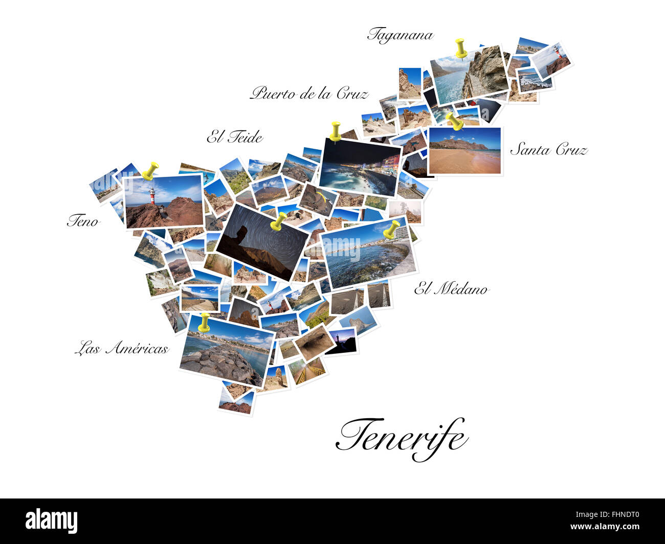 Un collage de mes meilleures photos de voyage Tenerife, formant la forme de l'île de Tenerife. Punaise jaune indiquant les emplacements Banque D'Images