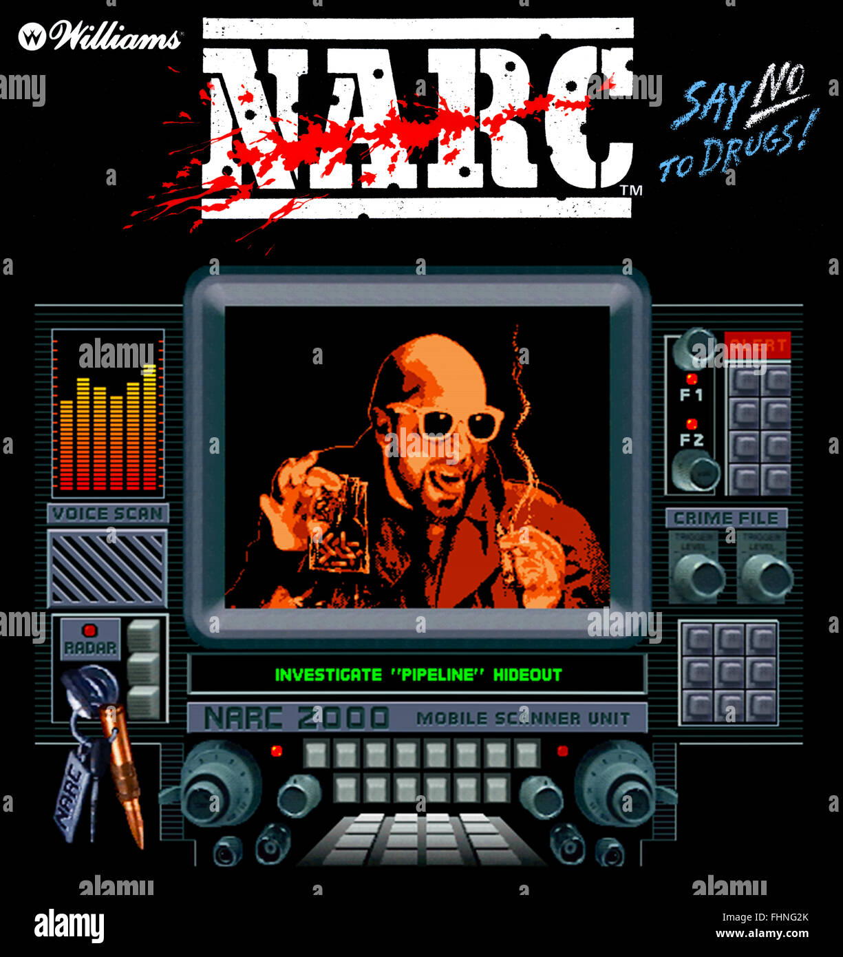 Jeu d'arcade 'NARC' produit par le designer américain Eugene Jarvis (né en 1955) pour Williams Electronics en 1988, avec le slogan anti-drogue 'Say No to Drugs'. Le but du jeu est d'arrêter et de tuer les délinquants toxicomanes, de confisquer leur argent et leurs drogues, et de vaincre 'Mr. Big'. L'image présentée est une image composite montrant le gameplay et la marque de la machine d'arcade. Banque D'Images