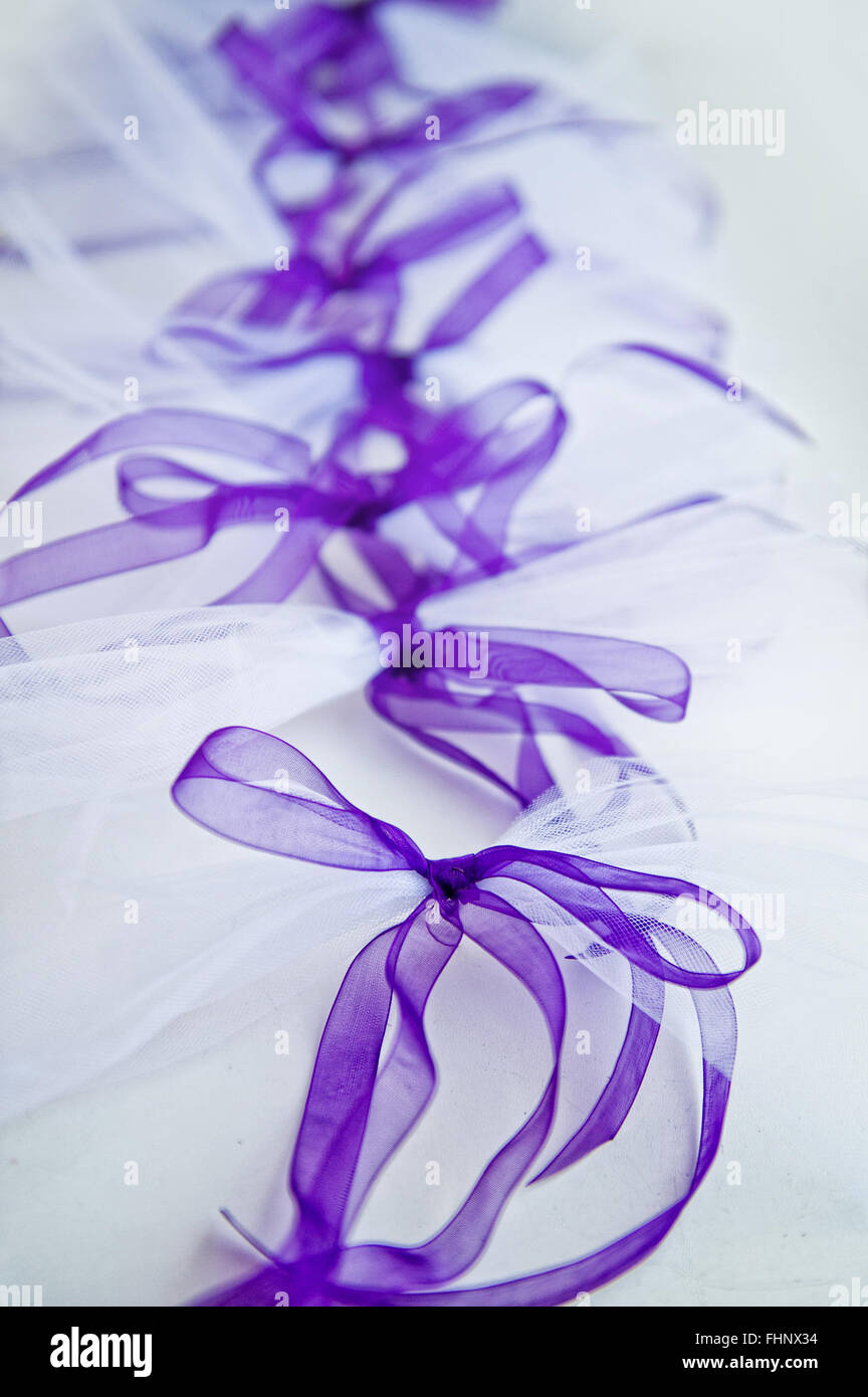 Détail de robe nuptiale de l'arrière avec arcs lilas Banque D'Images