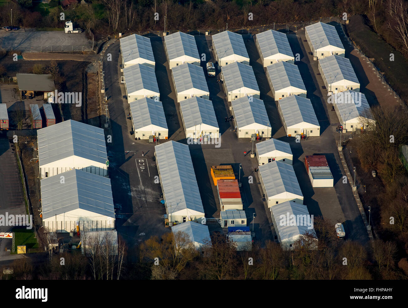 Vue aérienne, tentes, des réfugiés, des réfugiés du camp de réfugiés de logement, crise des réfugiés, Wanne-Eickel, Herne,Ruhr,Rhénanie du Nord-Westphalie Banque D'Images