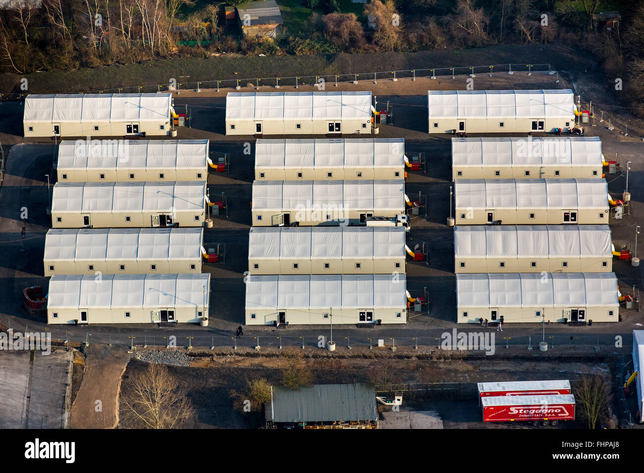Vue aérienne, tentes, des réfugiés, des réfugiés du camp de réfugiés de logement, crise des réfugiés, Wanne-Eickel, Herne,Ruhr,Rhénanie du Nord-Westphalie Banque D'Images
