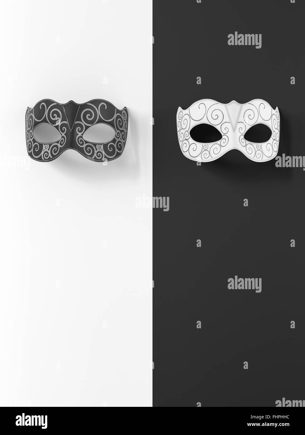 Le Rendu 3D, masques contrastés, blanc et noir Banque D'Images