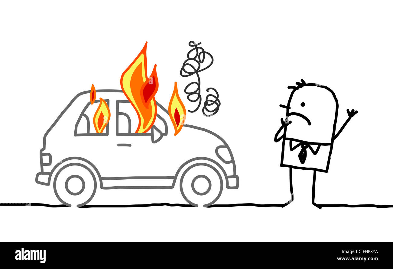 Hand drawn cartoon characters - homme regarder une voiture en flammes Banque D'Images