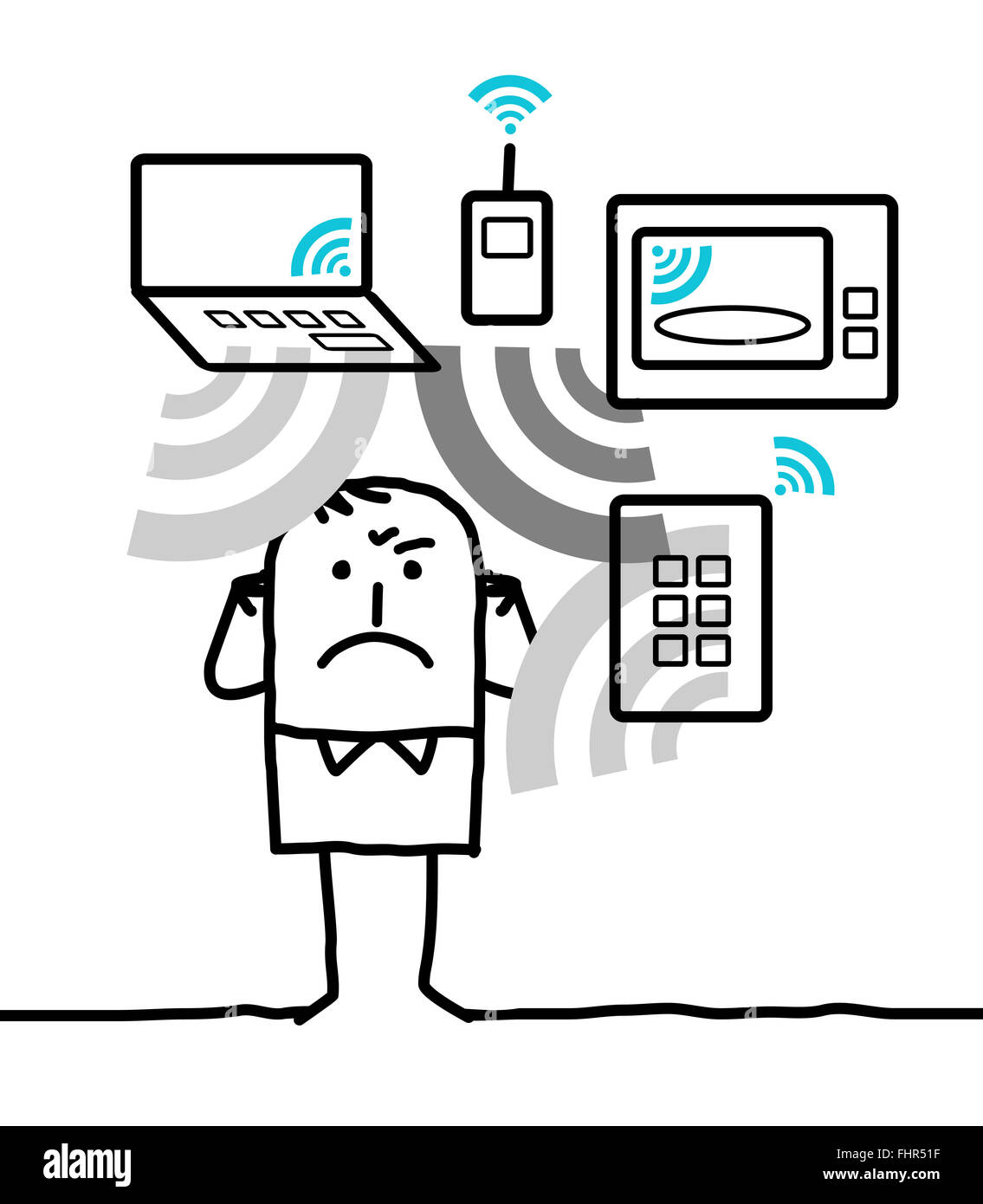 L'homme dessin animé exposé à trop de vagues Banque D'Images